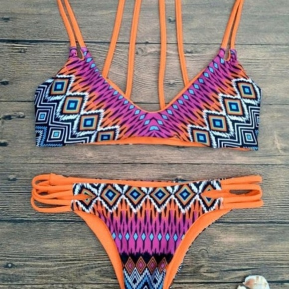 NEW Orange Ombre Geometric Strappy Bikini Swimsuit - Picture 6 of 6